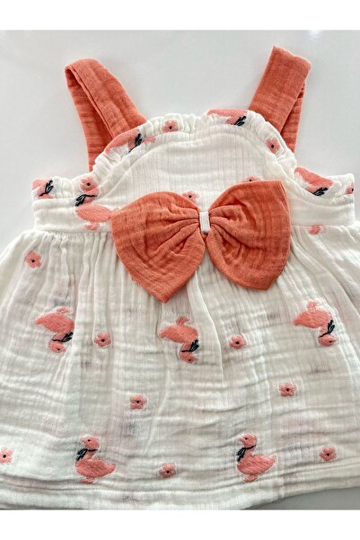 MBK GARDEN Askılı Fiyonklu Flamingo Desenli Müslin Kız Bebek Elbisesi
