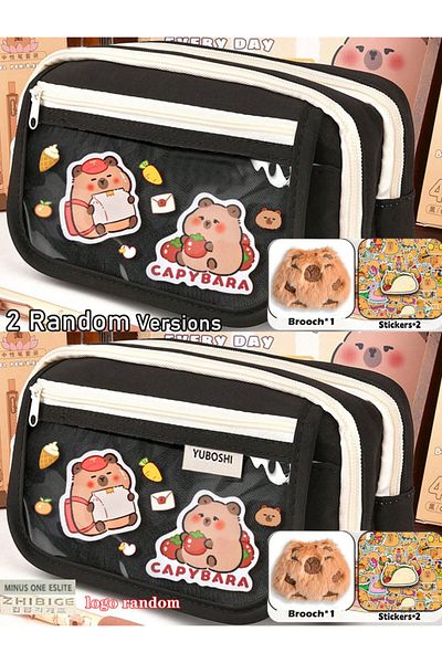 Choice Black-1doll2sticker 1pc Large Capacity Pencil Case Flip Cover Stationery Pencil Bag Simple Stationer