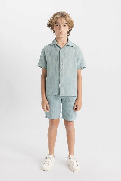DeFacto Boy's Muslin Polo Neck Oversize Shirt - Short Sleeve W3239A624Hs
