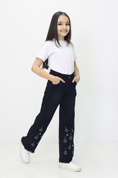 RAPİDO LİFE Girl's Wide Leg Star Embroidered Jeans Jeans with Fringed Leg Detail (Ages 6-12)