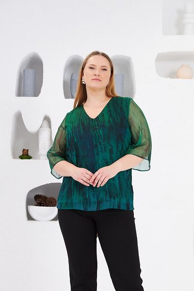 RMG Large Size Lined Chiffon Blouse Green