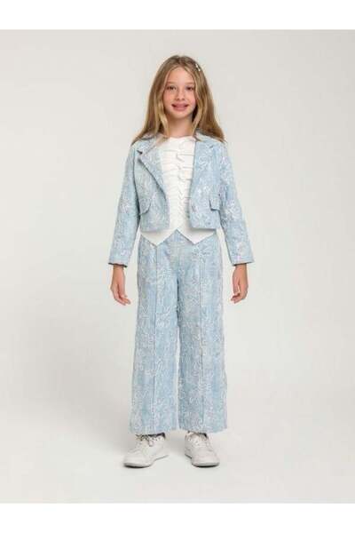 Zekids Costum pentru fete cu design brodat cu pantaloni din denim