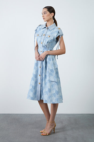 4G GIZIA Gold Düğme Detaylı Kuşaklı Patchwork Mavi Midi Elbise