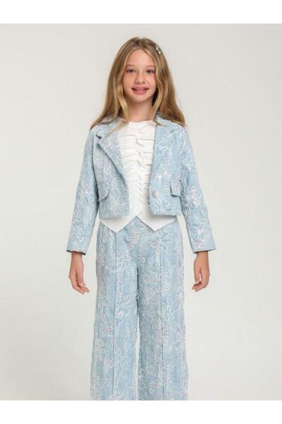 Zekids Costum pentru fete cu design brodat cu pantaloni din denim