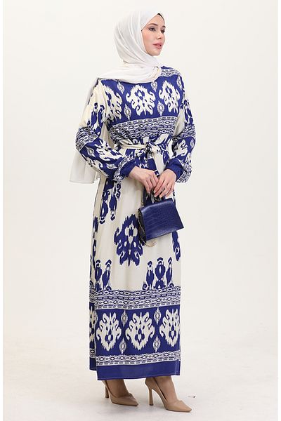 sefamerve Φόρεμα βισκόζης με σχέδιο - Indigo Beige 0006-06