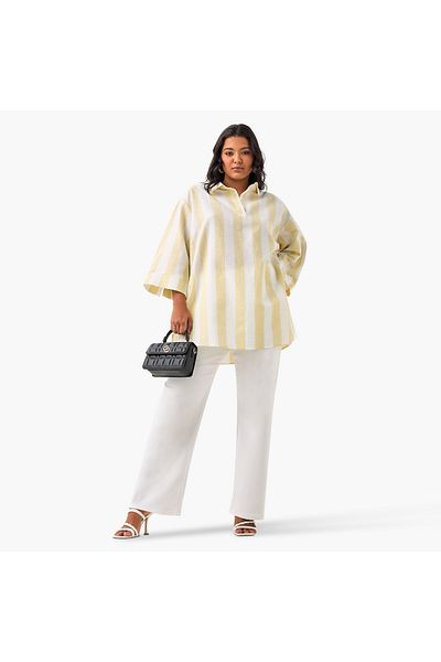 Ulla Popken Plus Size Ulla Popken Striped Linen Top with Collar and Long Sleeves