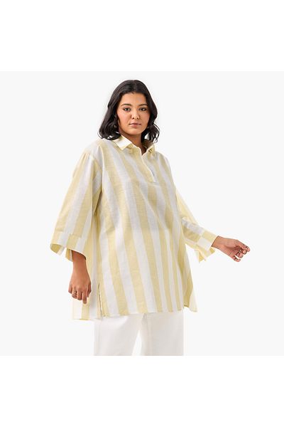 Ulla Popken Plus Size Ulla Popken Striped Linen Top with Collar and Long Sleeves