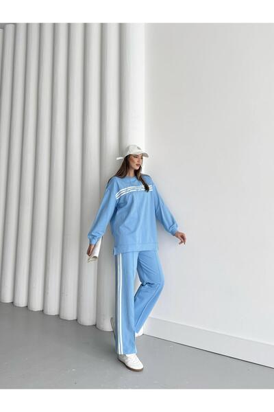 Basicpark Blue Women's Crew Neck Embroidered Stripe Detailed Cotton Knitted Bottom Top Set