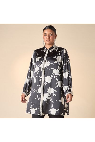 Ulla Popken Plus Size Ulla Popken Floral Print Shirt with Pearl Detail and Long Sleeves