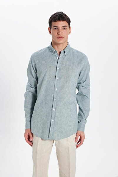 Tudors Men's Slim Fit Slim Fit Linen Effect Premium Series Button Collar Plain Mint Shirt