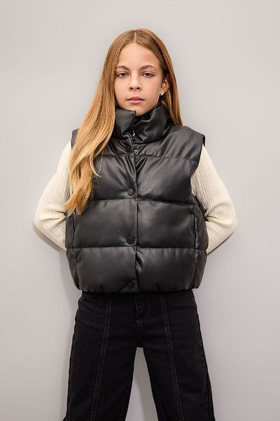 DeFacto Vestă pufă din piele artificială cu guler hidrofug și cleme pentru fete - C4973a824au