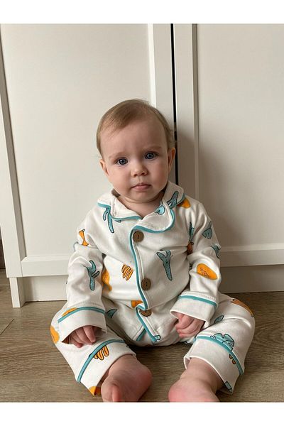 Minizade Set de pijamale unisex din 2 piese din țesătură moale din bumbac 100% cu guler pentru bebeluși cu tematică cactus