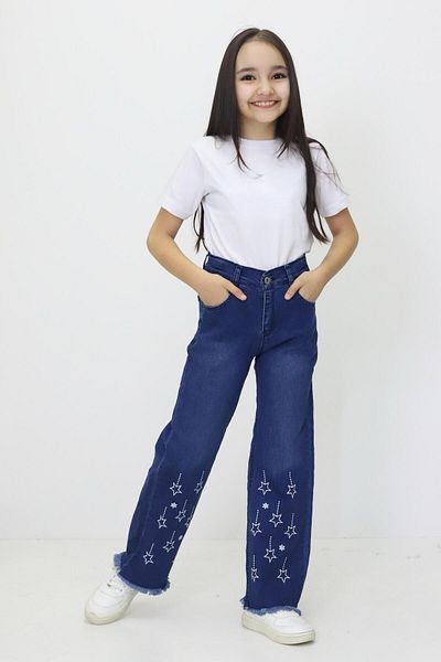 RAPİDO LİFE Girl's Wide Leg Star Embroidered Jeans Jeans with Fringed Leg Detail (Ages 6-12)