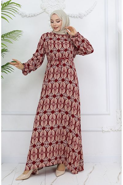 sefamerve Φόρεμα με ζωσμένο ύφασμα βισκόζης 2008-02 Claret Red