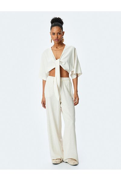 Koton New Season Viscose Linen Blended Kimono Sleeve Tie Detailed Crop Blouse