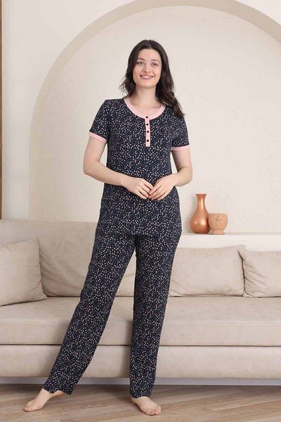 ALİMER Set de lenjerie de dormit pentru femei cu imprimeu floral - mânecă scurtă cu 3 nasturi Lycra Viscose 2839KY