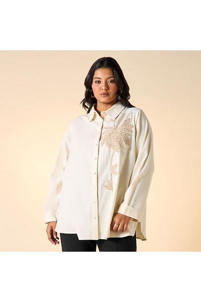 Ulla Popken Plus Size Ulla Popken Embroidered Shirt with Collar and Long Sleeves