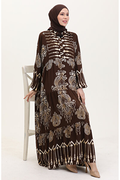 sefamerve Viscose Fabric Patterned Button Dress 2014-05 Brown