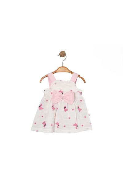 MBK GARDEN Flamingo Patterned Muslin Baby Girl Dress with Straps and Bow - 100% Cotton 3/24 Months