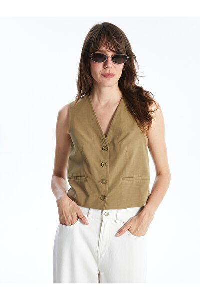 LC Waikiki V-Neck Plain Linen Blend Women's Classic Vest