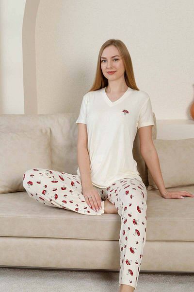 ALİMER Set pijamale pentru femei cu model ciuperci - Ecru cu decolteu în V Lycra Vâscoză cu mânecă scurtă 2847KY