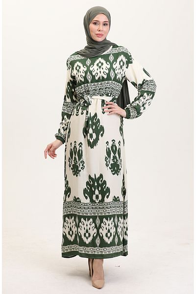 sefamerve Φόρεμα βισκόζης με σχέδια - 0006-05 Emerald Beige