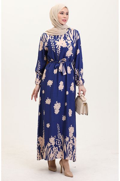 sefamerve Vzorované viskózové šaty - 0018-06 Indigo Beige
