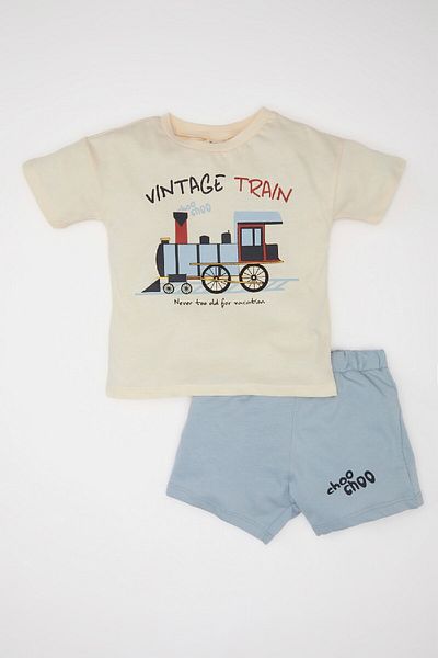 DeFacto Baby Boy 2 Piece Set Crew Neck Vehicle Printed Short Sleeve T-Shirt Shorts C4030A524Sm