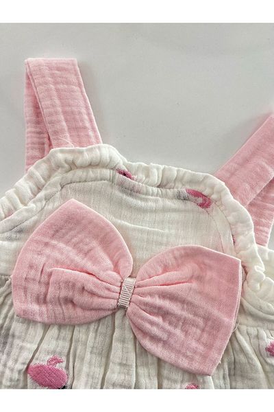 MBK GARDEN Flamingo Patterned Muslin Baby Girl Dress with Straps and Bow - 100% Cotton 3/24 Months