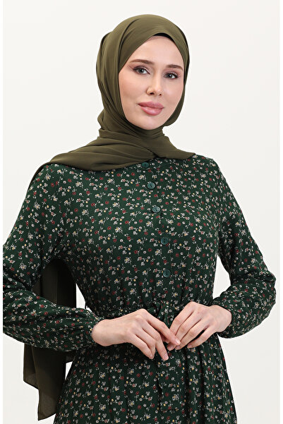 sefamerve Viskon Kumaş Yarım Düğmeli Desenli Elbise 4069-05 Zümrüt Yeşili