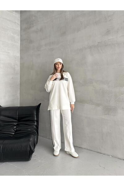 Basicpark Ekru Kadın Bisiklet Yaka Nakışlı Şerit Detaylı Pamuklu Örme Alt Üst...