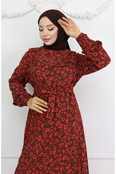 sefamerve Viskon Kumaş Fırfırlı Elbise 2003-03 Kahverengi