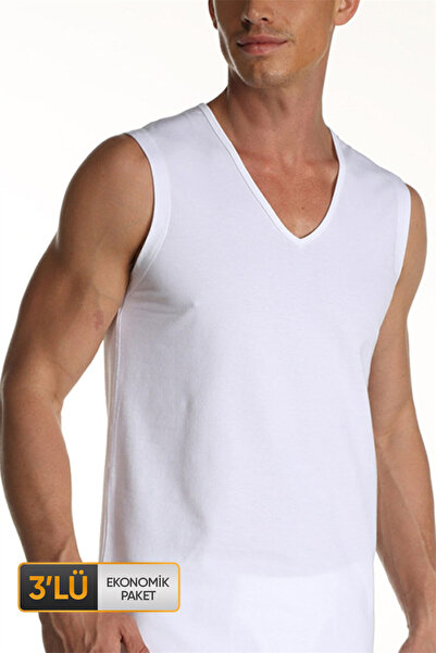 Çift Kaplan Erkek Elastanlı V Yaka Kolsuz Beyaz Fanila 0924 3'lü Ekonomik Paket