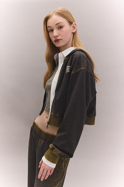 DeFacto Printed Crop Sweatshirt with Hood - Faded Washing Effect, Thick Zip C4475Ax24Sp
