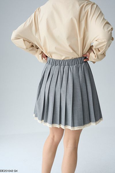 My Blog Gray Lace Detailed Pleated Skirt - 251042