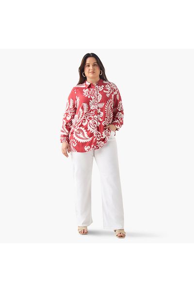 Ulla Popken Plus Size Ulla Popken Printed Shirt with Collar and Long Sleeves