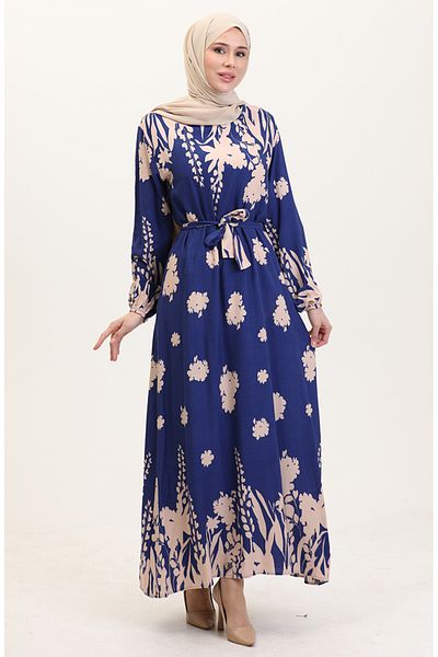 sefamerve Vzorované viskózové šaty - 0018-06 Indigo Beige