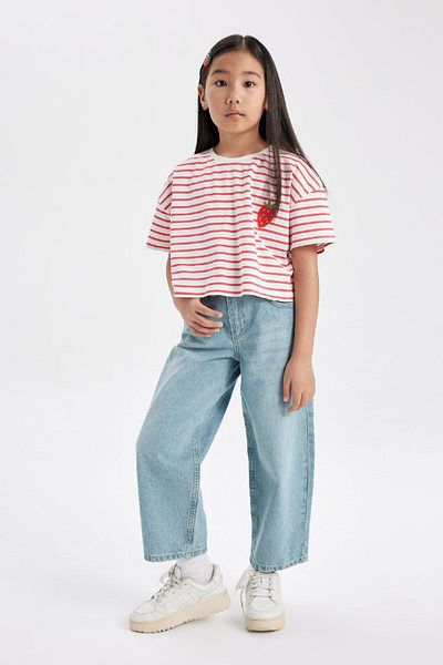 DeFacto Girl's Crew Neck Striped Short Sleeve T-Shirt C4508A824SM