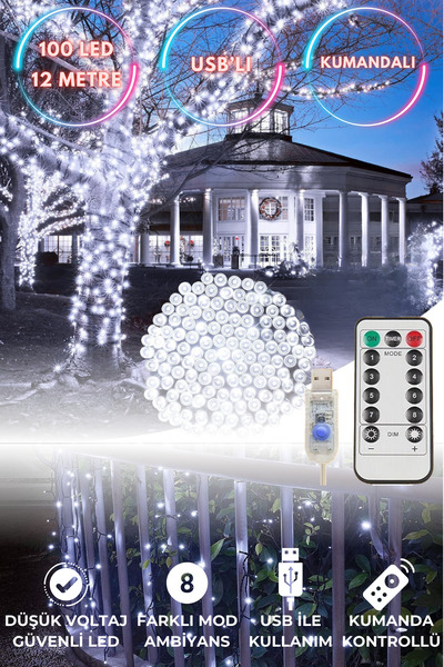 TechnoSmart 100 Ledli Usbli Kumandalı 8 Modlu Şerit Led Işık Parti Süsleme Or...