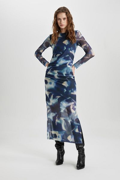 DeFacto Bodycon με στρογγυλή λαιμόκοψη Tie Dye Tulle Midi μακρυμάνικο βραδινό φόρεμα C5082ax24sp