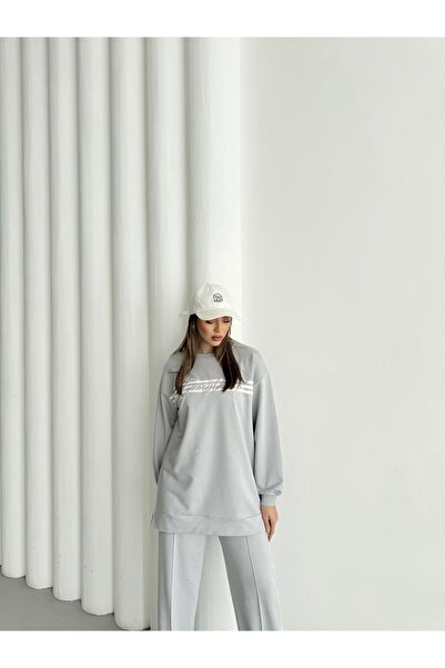 Basicpark Painted Gray Women's Crew Neck Embroidered Stripe Detailed Cotton Knitted Bottom Top Set