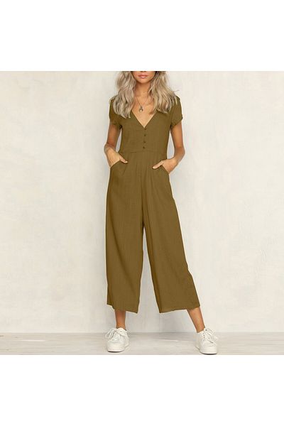 Barbora Leinen Casual Sommer V-Ausschnitt Kurzes Bein Design Damen Jumpsuit
