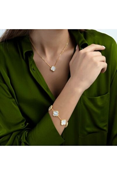 ESEEN Gold Renk Sedef Krem İthal Yonca Bileklik Vip Kalite