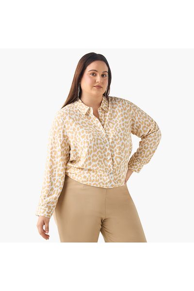 Ulla Popken Plus Size Ulla Popken Printed Shirt with Collar and Long Sleeves