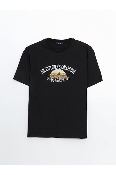 LC Waikiki Bedrucktes Herren-T-Shirt aus gekämmter Baumwolle mit Rundhalsausschnitt