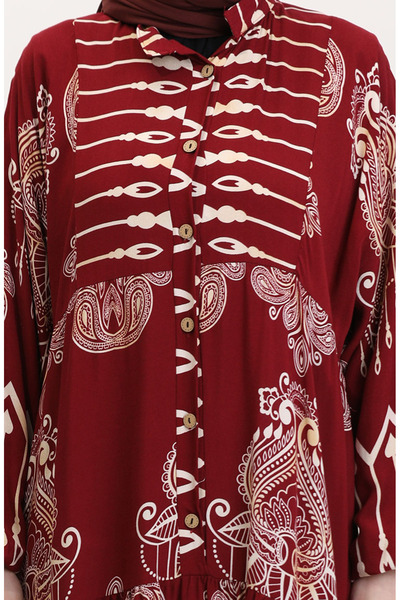 sefamerve Viscose Fabric Patterned Buttoned Dress 2014-01 Burgundy