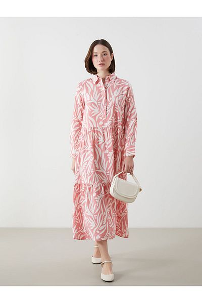 LC Waikiki Classic Pink Shirt Collar Patterned A-Line Women's Dress