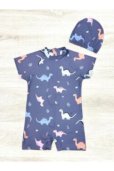 ZAYA Baby Boy and Child Dinosaur Patterned Quick Drying 2 Piece Cap and Swimsuit Set
