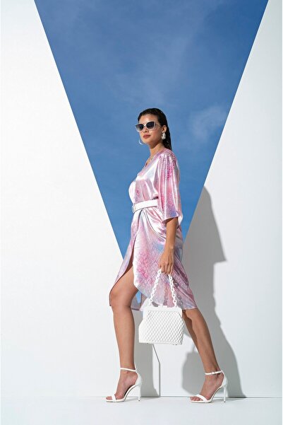 FOR YOU MODA V-Neck Snake Pattern Belted Pink Dressing Gown Dress