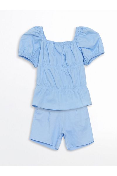 LC Waikiki Blue Linen Blended Girl's Blouse and Shorts